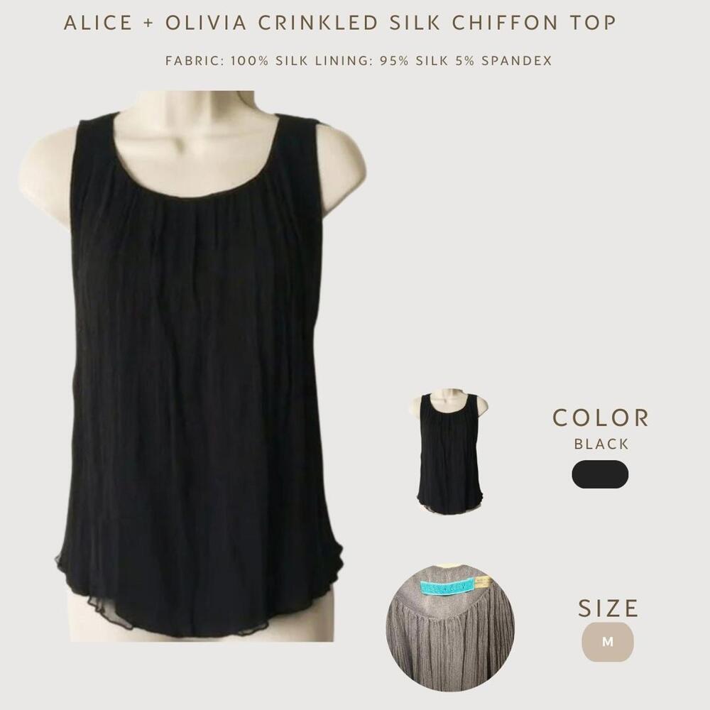 Alice + Olivia Black Crinkled Silk Chiffon Sleeveless Top Size M